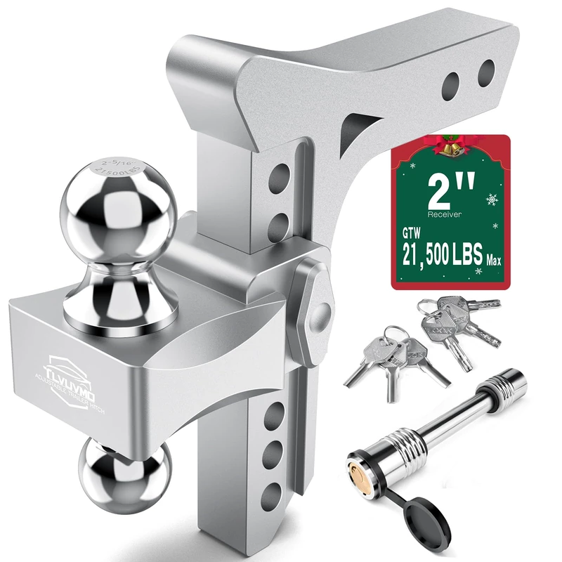 Adjustable Trailer Hitch - Drop Hitch Fits 2 Inch Receiver, 8 Inch Drop/Rise, Max 21,500 LBS GTW (2'' and 2-5/16'') Chrome Plated Steel Tow Balls, Heavy Duty Truck Hitch Ball Mount Aluminum