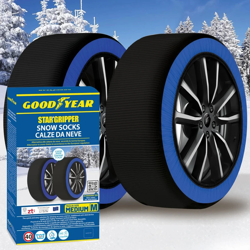 Goodyear Calze da Neve Star Gripper Omologate Italia EN 16662-1:2020 Due Catene da Neve in Tessuto per Auto, Snow Sock Taglia M, per R13 - R19 (Misure per Pneumatici Dettagliate all'Interno)