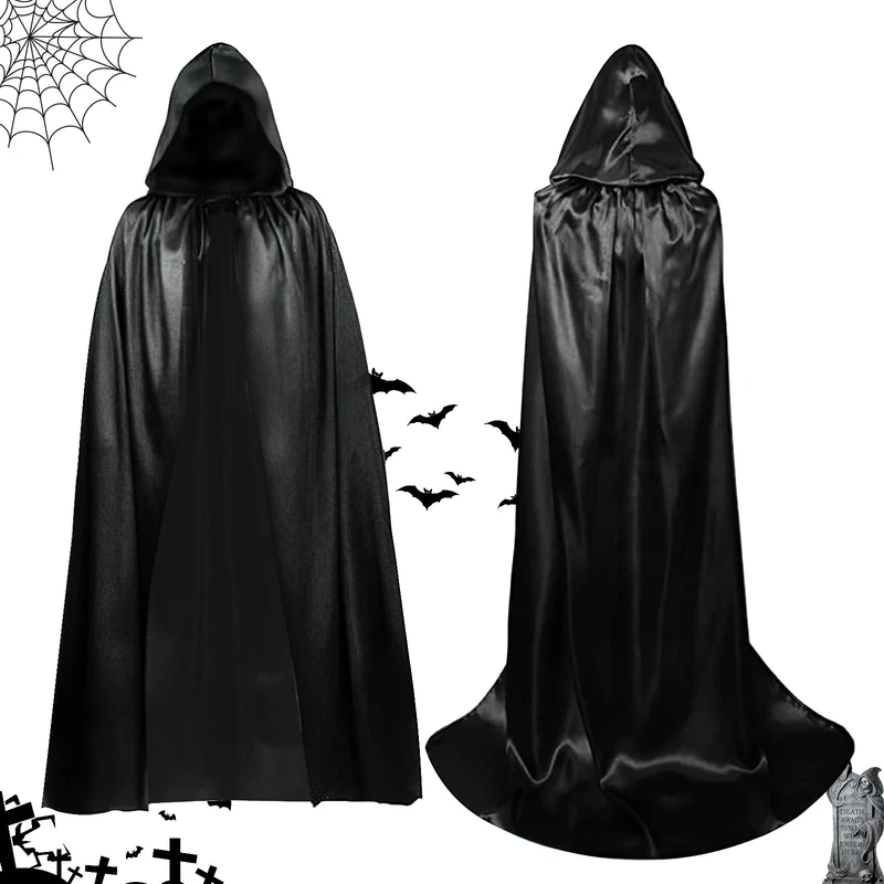 ACTOYS Halloween Cape with Hood, Black Cape with Hood, Medieval Cape, Grim Reaper Costume, Halloween Costume, for Adults, Children, Halloween Party, Carnival, Cosplay