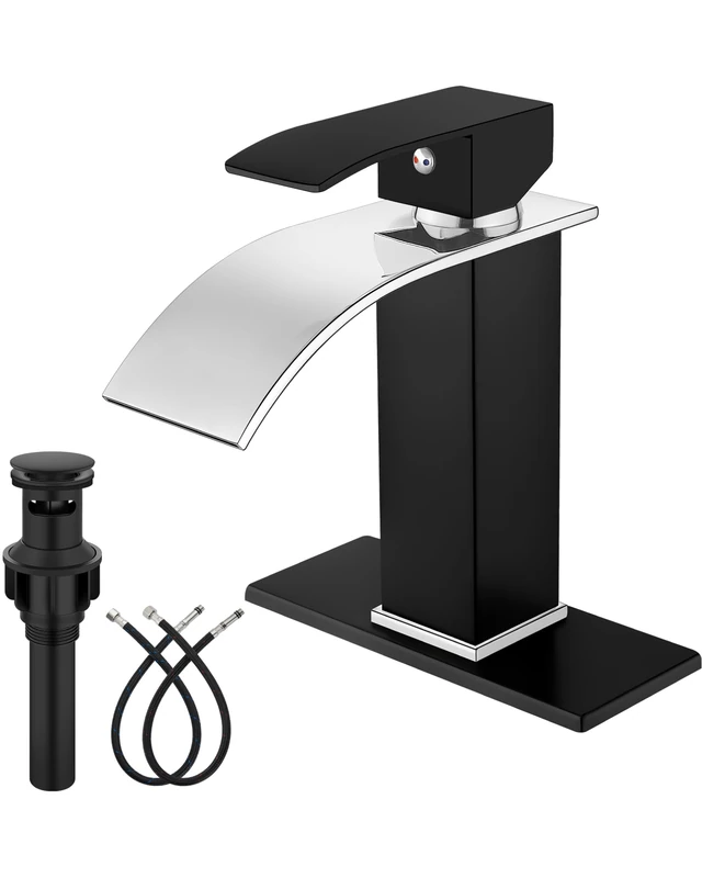 Midanya Waterfall Bathroom Sink Faucet, Polish Chrome Spout Matte Black Deck Mount RV Lavatory Mixer Tap, Single Handle 1 Hole Bathroom Faucet with Pop Up Drain and Water Hoses