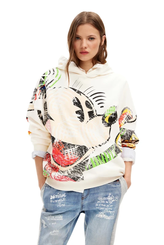 Desigual Women's Sweat_Mickey Cubist_Lacr Sweater, White, S