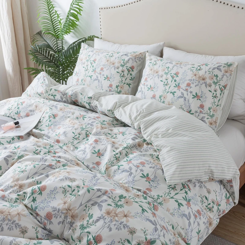 HoneiLife Cotton Duvet Cover King - Botanical Comforter Cover, 3-PC Bedlinen for Set with Zipper Closure & Corner Ties, Sweat-Absorption Comforter Cover Sets, Desert Rose
