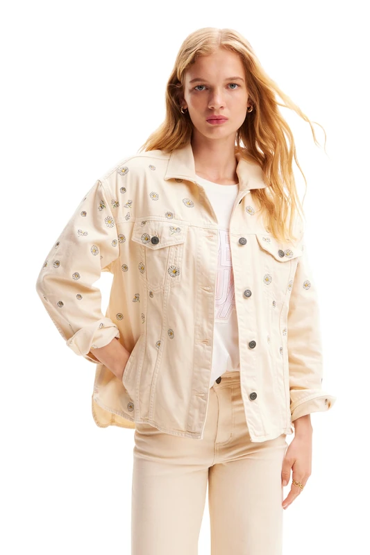 Desigual Women's CHAQ_Flowers Woman Denim Trucker Jacket, White, M