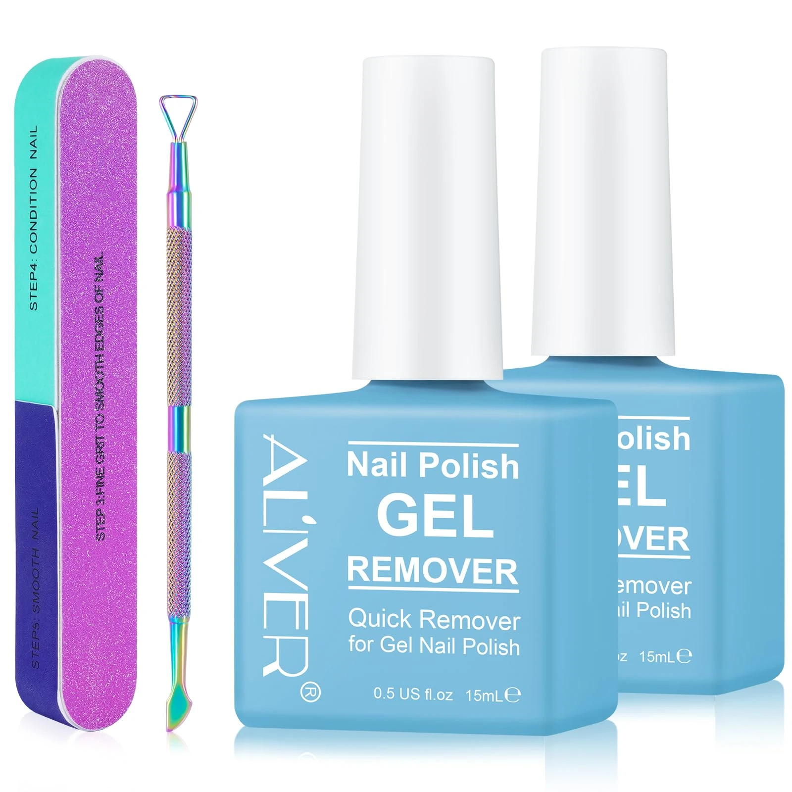 PLOBRT Gel Nail Polish Remover, Gel Polish Remover - Quick & Easy Remove in 3-5 mins, Gel Remover with Gel Polish Scraper and Nail File, No Damage To Nails (2 Pack), Blue
