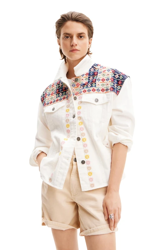 Desigual Women's Chaq_Donis Woman Denim Trucker Jacket, White, L