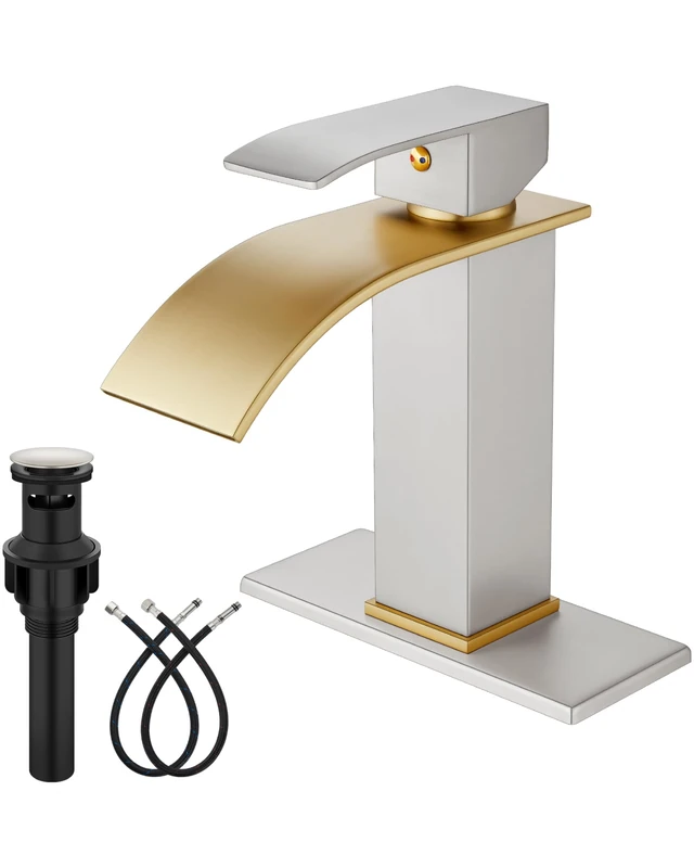 Midanya Bathroom Sink Faucet Waterfall Spout Single Handle 1 Hole Deck Mounted Mixer Tap Basin Mixer Tap Commercial with Pop Up Drain Short Brushed Gold Spout and
