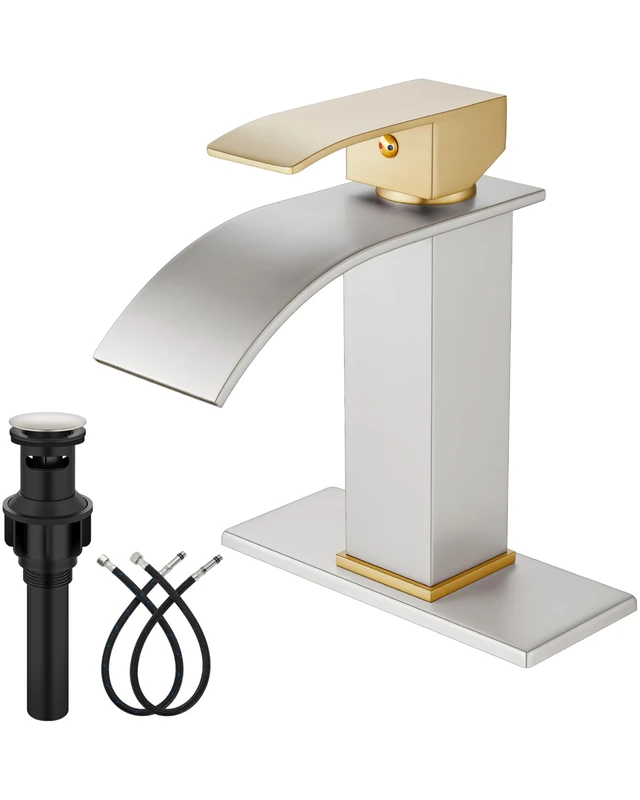 Midanya Bathroom Sink Faucet Waterfall Spout Single Handle 1 Hole Deck Mounted Mixer Tap Basin Mixer Tap Commercial with Pop Up Drain Short Brushed Gold Handle and Brushed Nickel