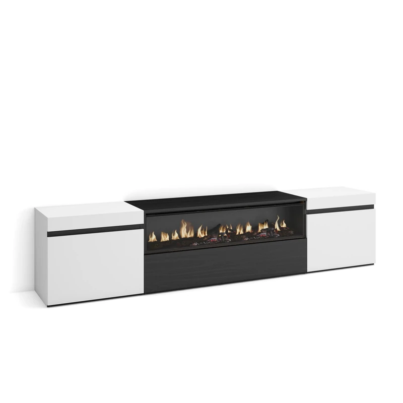 Skraut Home | TV Stand | TV Bench | Large Storage Space | 200 x 45 x 35 cm | For TVs up to 80 Inches | Electric Fireplace | Modern Style | White and Black