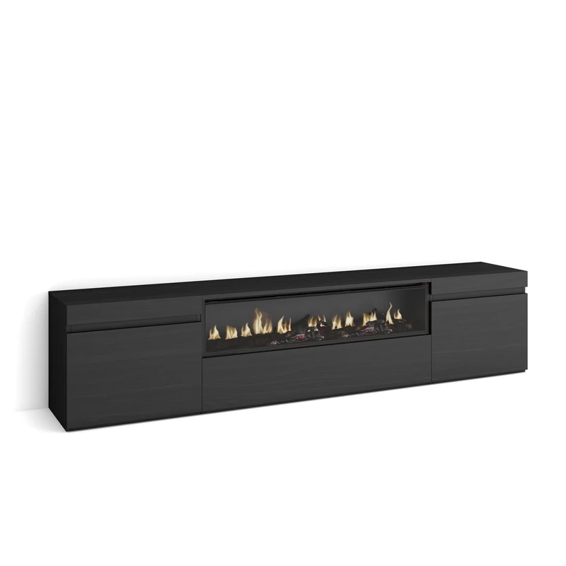 Skraut Home | TV Unit, Stand Cabinet | Entertainment Center | 200x45x35cm | For TVs up to 80" | Electric Fireplace | Modern Style | Black