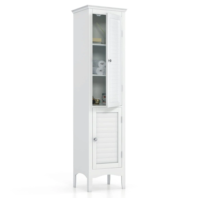RELAX4LIFE Bathroom Tall Cabinet, Double-Door Slim Storage Cupboard with 5-Tier Shelf, Floor-Standing Tallboy Unit Cabinet for Bathroom Living Room (3-Level Adjustable Shelf, 38x33x160cm, White) - Image 1