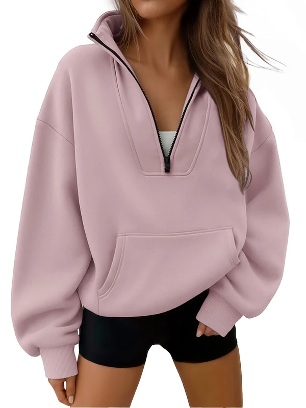 Trendy Queen Sweatshirts Half Zip Pullover Quarter Zip Oversized Hoodies Sweaters Fall Outfits 2023 Y2K Winter Clothes, Darkpink, Medium