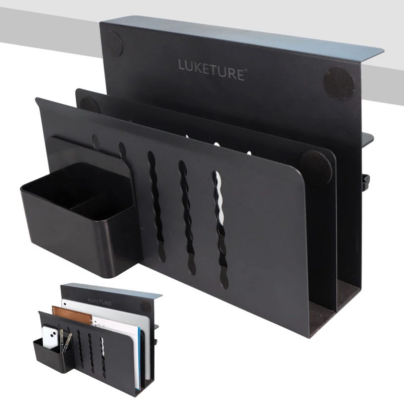 LUKETURE Desk Side Storage, Under Desk Laptop Holder, 2 Tier Steel Hanging Desk Storage, No Drill Under Desk Organizer, with Pen Holder, Hanging Desk Storage for Office and Home (Black 2 Tier)
