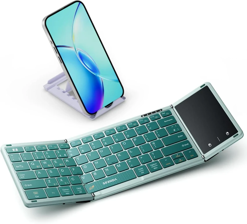 Seenda Foldable Bluetooth Keyboard with Touchpad, Folding Portable Travel Rechargeable Wireless Mini Keyboard UK Layout for iOS Android Windows PC Tablet Mobile Phone iphone ipad, Green