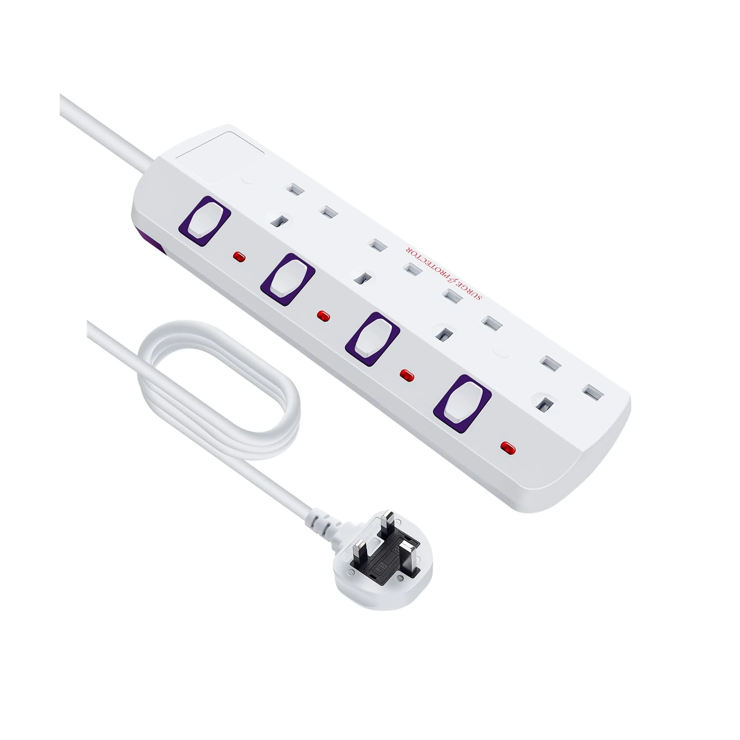 Tech Traders Extension Lead 4 Way Multi Plug Extension Sockets with Individual Switches Wall-Mounted Power Strip 2M Extension Cord 13A Fused UK Plug 3250W