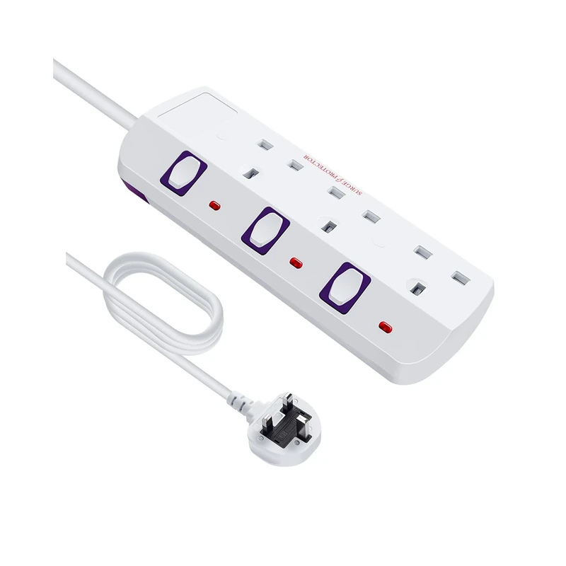 Extension Lead 3 Way Switches Plug Extension with 2M Cable, Multi Socket Home Electronics, Mountable Power Strip, White