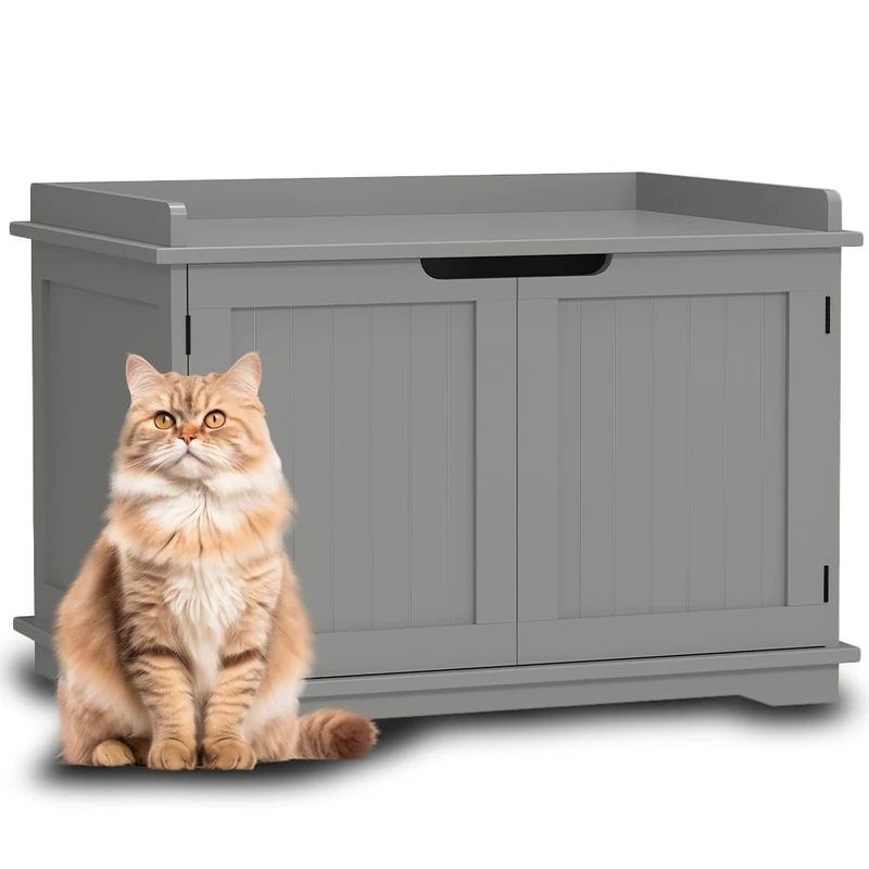 BAKAJI Raised Cat Litter Tray with Side Entrance, Round Entrance, Multi-Purpose Pet Cabinet with 2 Doors, Magnetic Closure, Bed Colour Grey, 72 x 51 x 52 cm