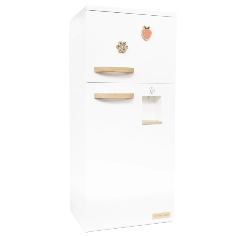 Le Toy Van – Wooden Stand Alone Fridge Freezer Set | Grand Free Standing Refrigerator & Freezer with Accessories Pretend Play Set – suitable for 36+ months, White