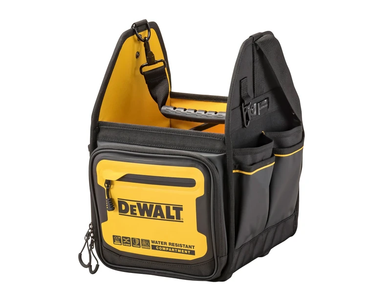 DEWALT DWS160105 Electrician Tote – 34 pockets, IP54 water-resistant, 1680D fabric, waterproof base, padded strap, hi-vis interior, rugged and jobsite-ready