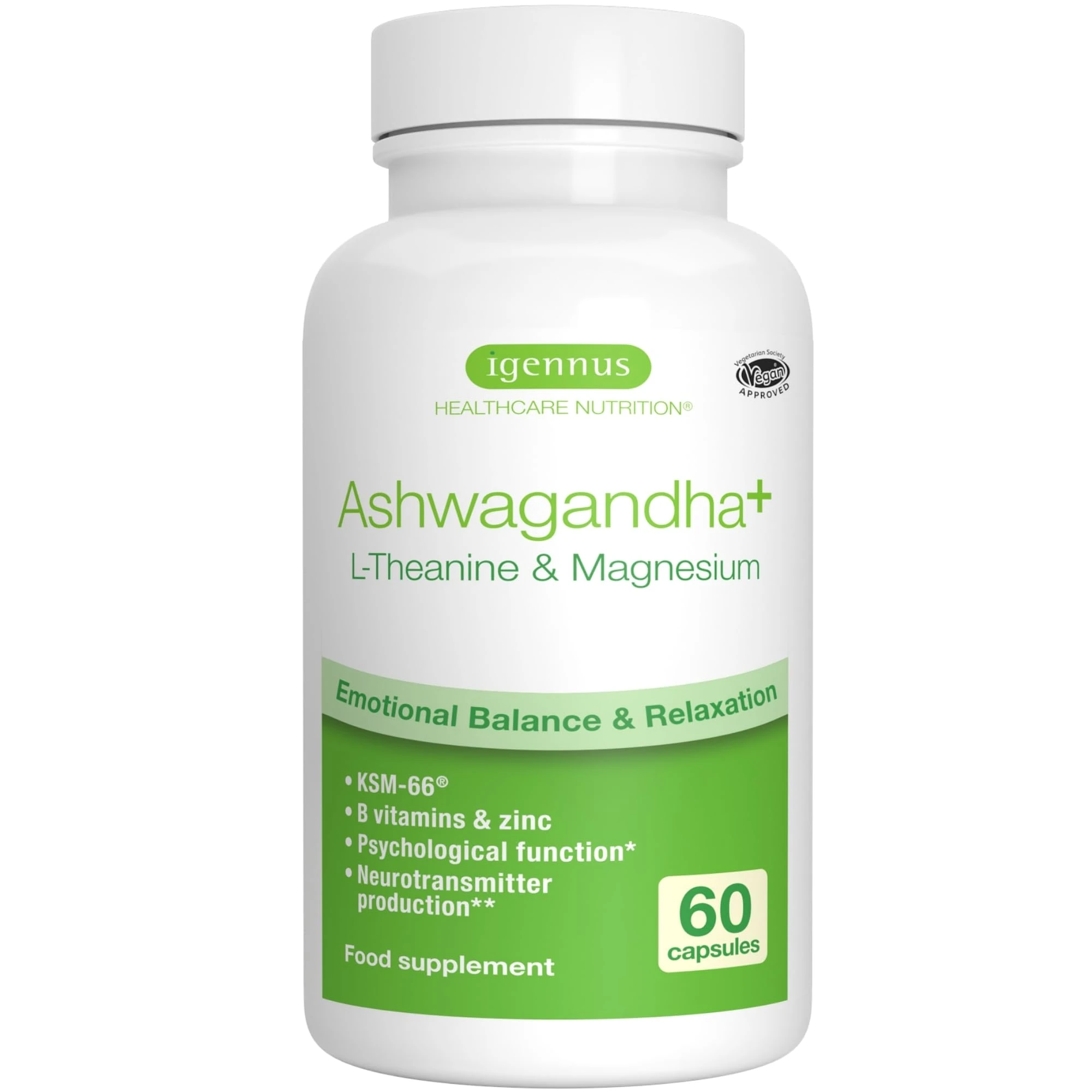 Igennus Advanced Ashwagandha KSM-66 Stress Support Complex 600mg with L-Theanine & Magnesium, B-Vitamins & Zinc, Clean Label, Root-only Extract 5% Withanolides, Vegan, 30 Servings