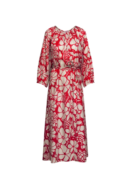 Seidensticker Women's Blouse Dress with Tie Belt - Dress - Regular Fit - Maxi Dress - Crew Neck - 3/4 Sleeve - 100% Viscose, red, 6