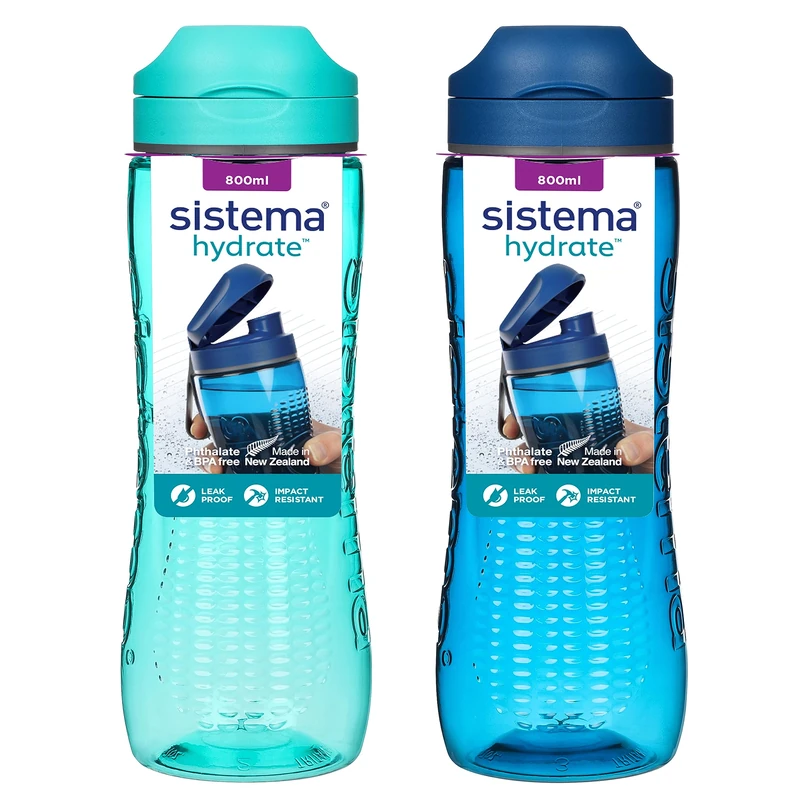 Sistema Active Sports Water Bottles | 800 ml | Leakproof Kids Water Bottles | Impact-Resistant Tritan Plastic | BPA-Free | Ocean Blue & Minty Teal | 2 Count