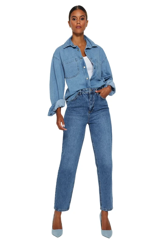 Trendyol Women's Damen Gerade Mama Hohe Taille Jeans Jeans, Blue,