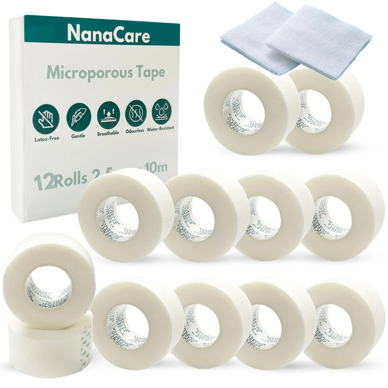 NanaCare Microporous Surgical Tape 2.5cm x 10m + 10pc Medical Gauze Pads | 12 Rolls Micropore Surgical Tape | Medical Tape for Skin, Dressings and Face | First Aid Tape Suitable for Sensitive Skin