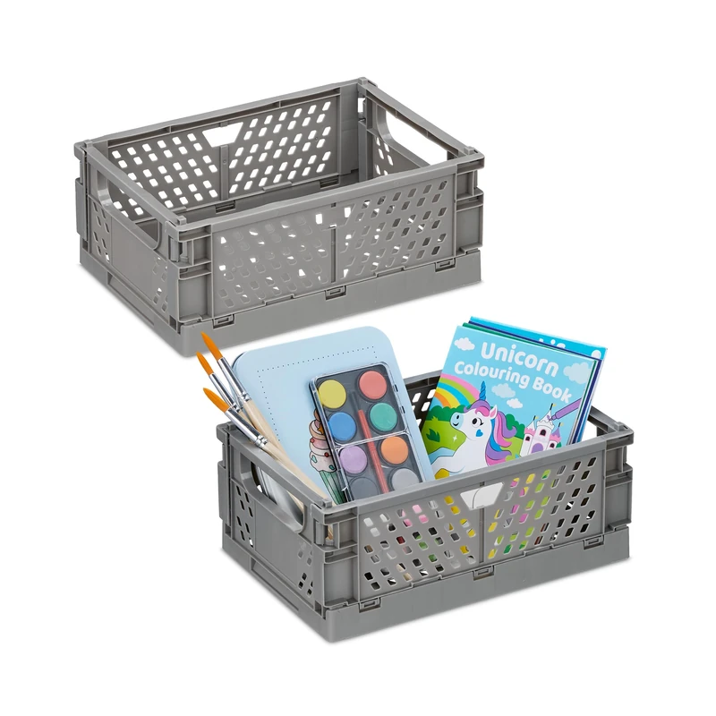 Relaxdays 2X Collapsible Storage Boxes, Organisation Containers, Foldable Plastic Baskets, HWD: 10 x 25 x 26.5cm, Grey, 10 x 25 x 16.5 cm