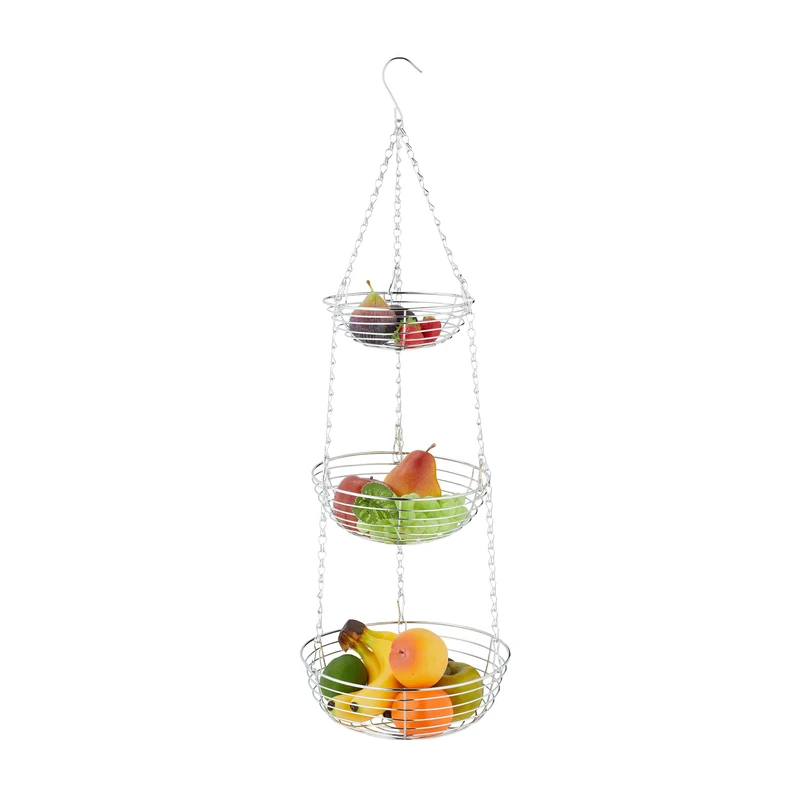 Relaxdays Basket Hanging, HxØ: 82 x 26.5 cm, 3 Tiers, Metal, Round Suspended Bowls for Fruit & Vegetables, Silver, Iron