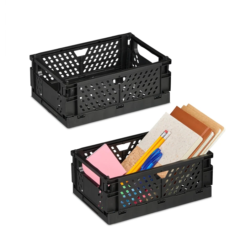 Relaxdays 2X Collapsible Storage Boxes, Organisation Containers, Foldable Plastic Baskets, HWD: 10 x 25 x 26.5cm, Black, 10 x 25 x 16.5 cm
