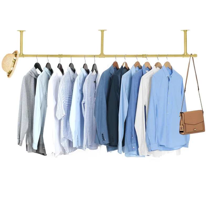 Oroonoko Gold 72inch Industrial Pipe Clothes Garment Rack Ceiling Mount For Hanging Rod Bar for Laundry Room Up to Max Load 135Lb
