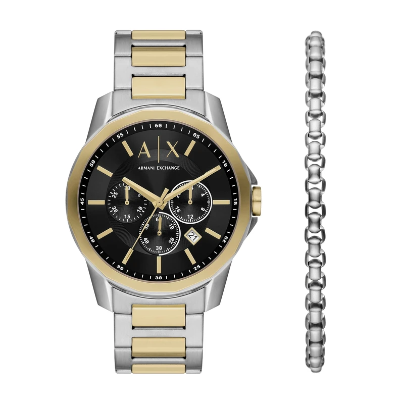 A|X Armani Exchange Chronograph Dress Watch for Men with Stainless Steel, Silicone or Leather Band, Two Tone/Silver Bracelet Set, Banks - Image 1