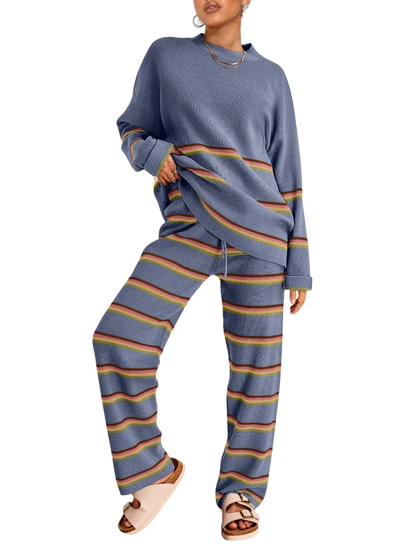 LILLUSORY 2 Piece Outfits for Women 2024 Oversized Lounge Sets Striped Sweaters Cozy Knit Sets Tracksuit for Women, Stripes Dustyblue, M