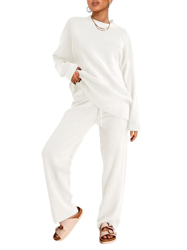 LILLUSORY 2 Piece Outfits for Women 2024 Fall Fashion Oversized Striped Sweater Sets Cosy Lounge Sets Knit Clothes, White/Opulent Garden, XL