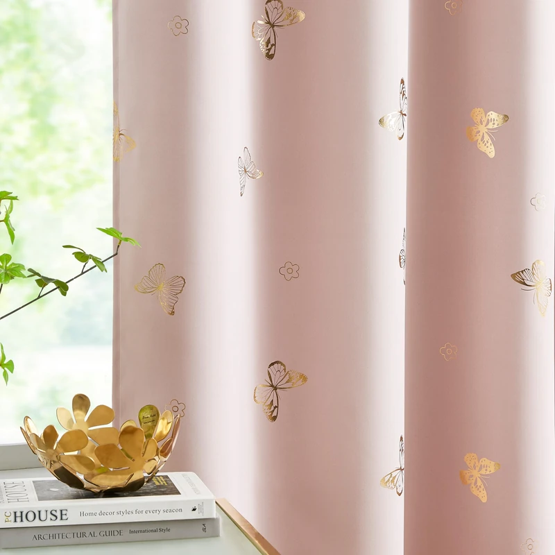 Jubilantex Pink Gold Butterfly Blackout Curtains with Black Layer Thermal Insulated Window Curtains Grommet Top for Bedroom Girls Room,52x63,2 Panels