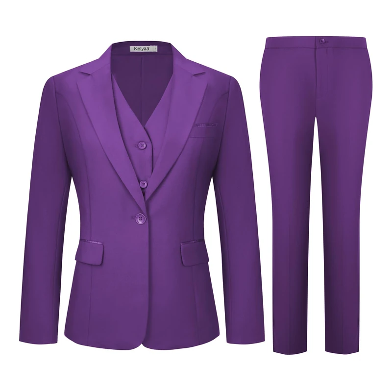 Kelyaa Women's 3 Piece Suit Lady Business Casual Office One Button Slim Fit Blazer Jacket Vest Pants Set, Brilliant Purple, XS
