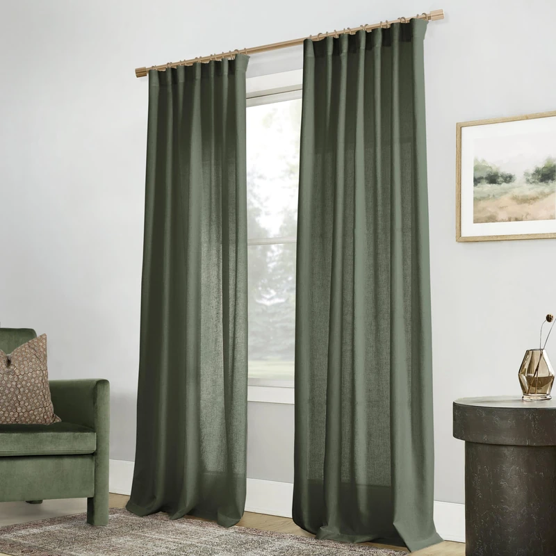 PANELSBURG Curtains Linen Olive Green for Living Room 108 Inches Long,Lightweight 9 ft Curtains,Back Tab Green Organic Boho Sheer Linen Curtain Drapes 108 Inch Length for Bedroom 2 Panels Set - Image 1
