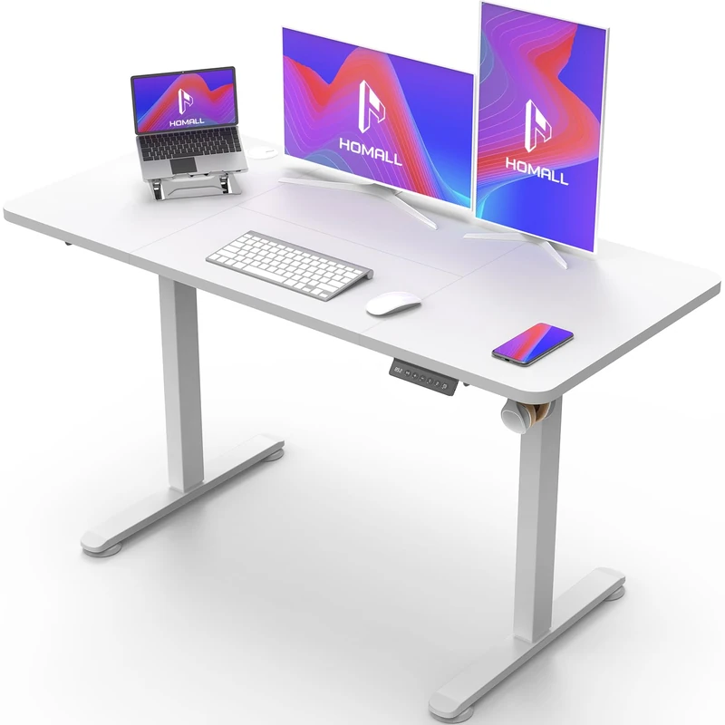 Homall Electric Height Adjustable Desk, Adjustable Height Office Desk with USB Ports, 120x60cm, Home Office with Splice Board, White - Image 1
