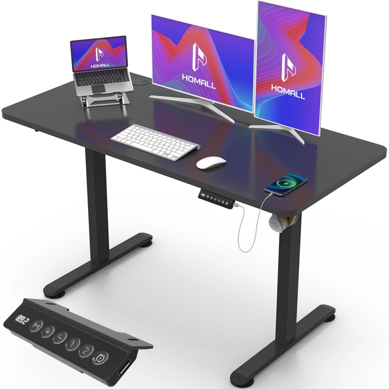 Homall Electric Height Adjustable Desk, Adjustable Height Office Desk with USB Ports, 120x60cm, Home Office with Splice Board, Black