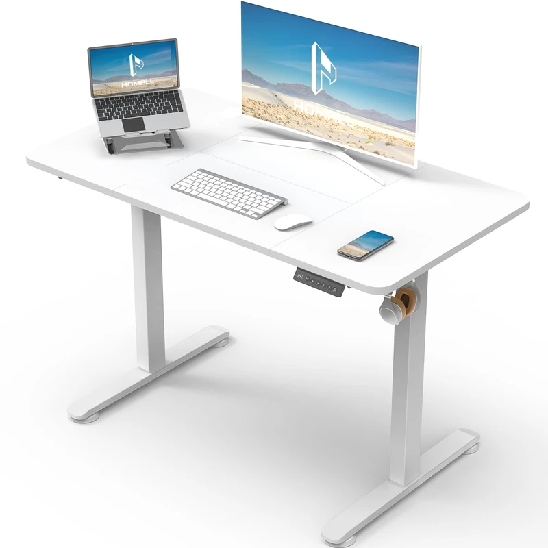 Homall Electric Height Adjustable Desk, Adjustable Height Office Desk with USB Ports, 100x60cm, Home Office with Splice Board, White - Image 1