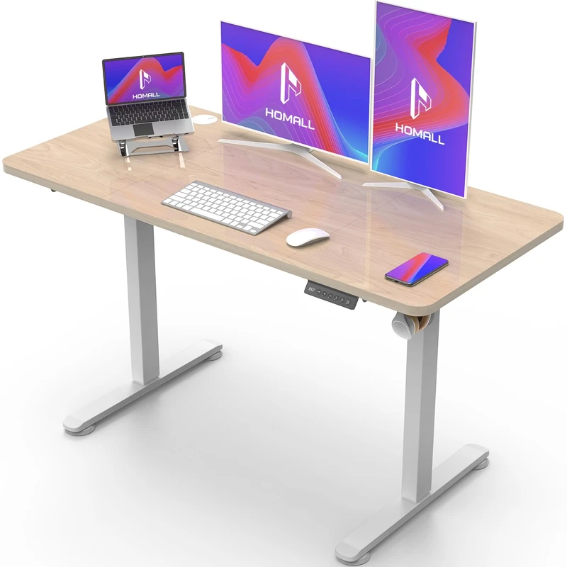 Homall Electric Height Adjustable Desk, Adjustable Height Office Desk with USB Ports, 120x60cm, Home Office with Splice Board, Beige