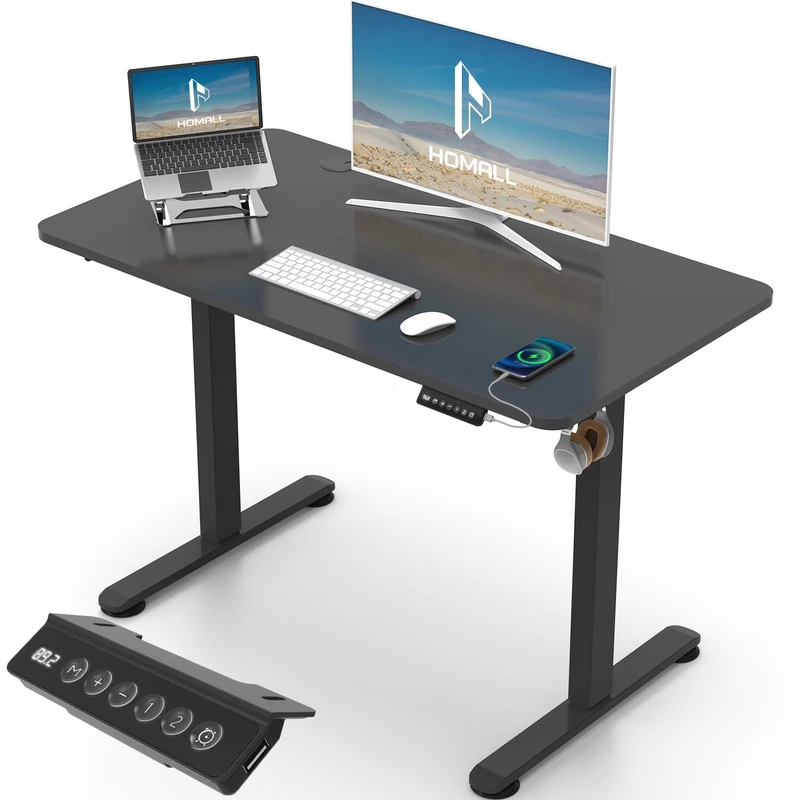 Homall Electric Height Adjustable Desk, Adjustable Height Office Desk with USB Ports, 100x60cm, Home Office with Splice Board, Black - Image 1