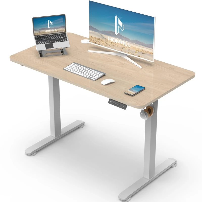 Homall Electric Height Adjustable Desk, Adjustable Height Office Desk with USB Ports, 100x60cm, Home Office with Splice Board, Beige - Image 1