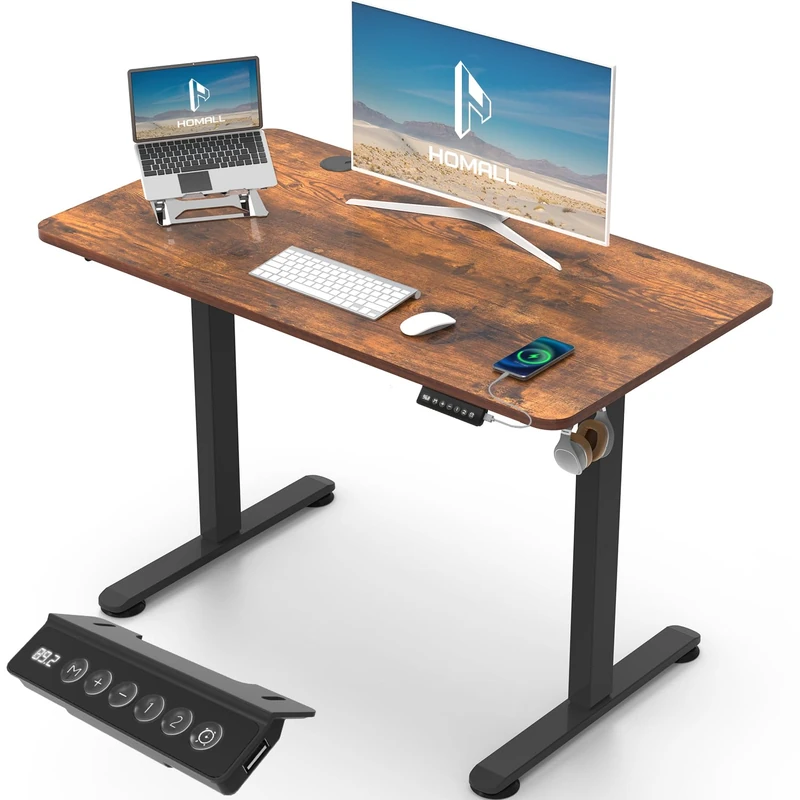 Homall Electric Height Adjustable Desk, Adjustable Height Office Desk with USB Ports, 100x60cm, Home Office with Splice Board, Rustic Brown - Image 1