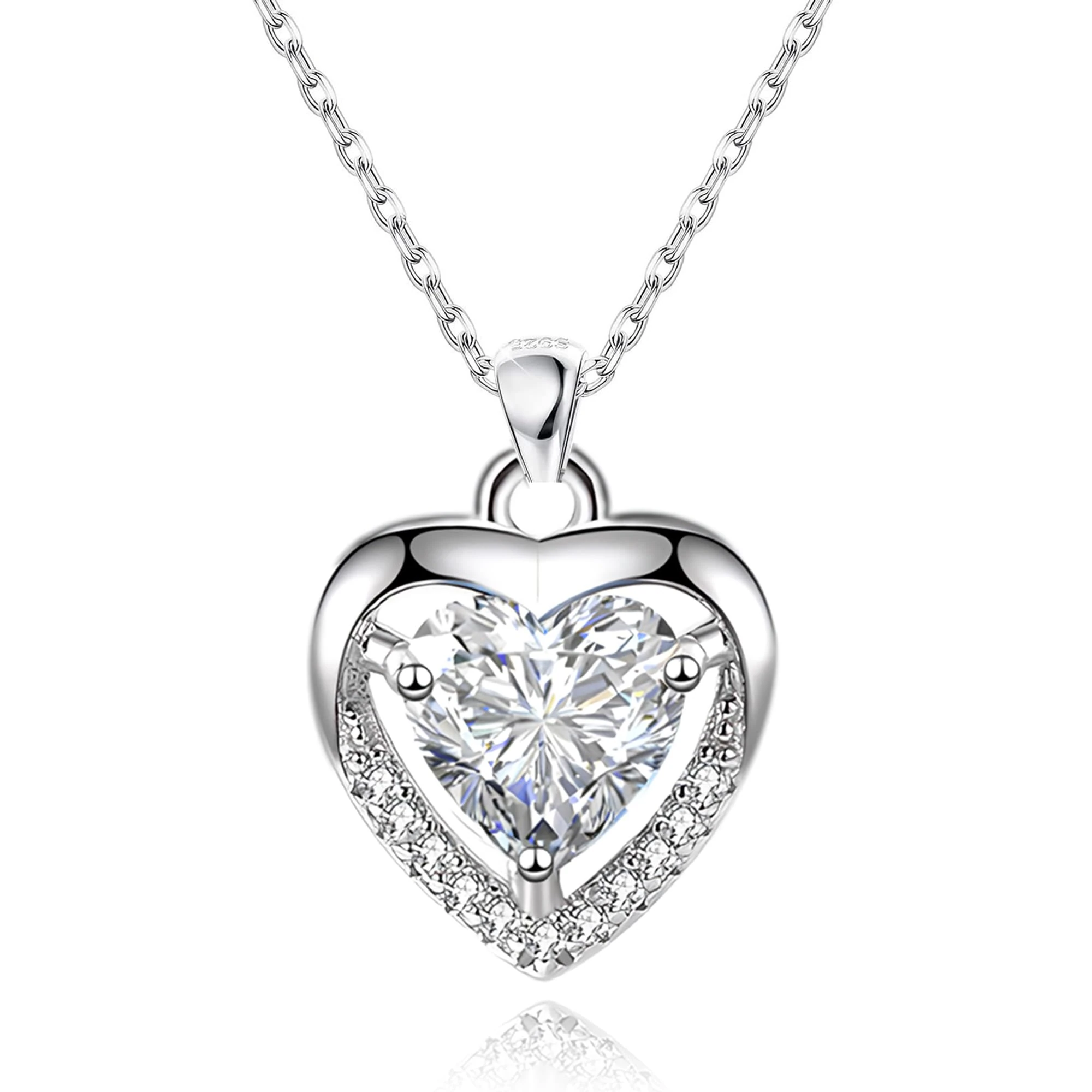 EXGOX Silver Heart Necklaces, 925 Sterling Silver Necklace for Women Crystal Heart Necklace Dainty Love Heart Necklace Adjustable Silver Chain Necklace Women Birthday Gift (White-Crystal Heart)