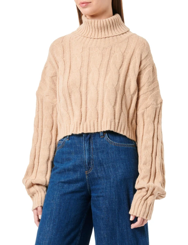 piano Women's Turtleneck Twist Short Cape Long Sleeve Shirt Acrylic Beige Size XS/S Pullover Sweater