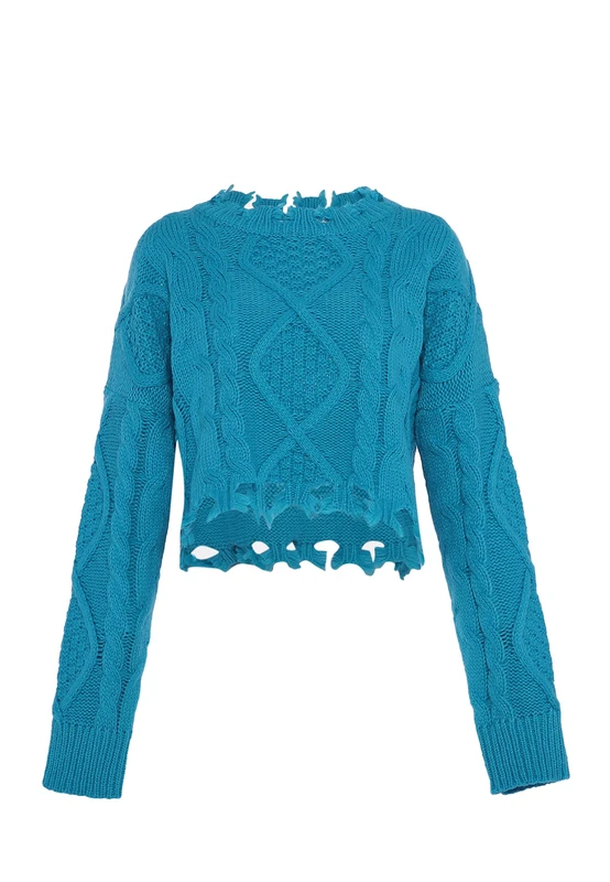 myMo Women's Irregular Twist Knit Open Edge Crew Neck Top Turquoise Size M/L Pullover Sweater, M