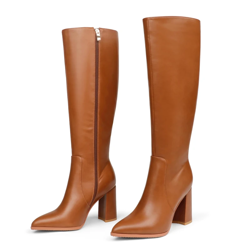 COLETER Women's Knee High Boots Pointed Toe Chunky Gogo Boots Zipper Block Heeled Tall Dress Boots, Brown, 6 UK - Image 1