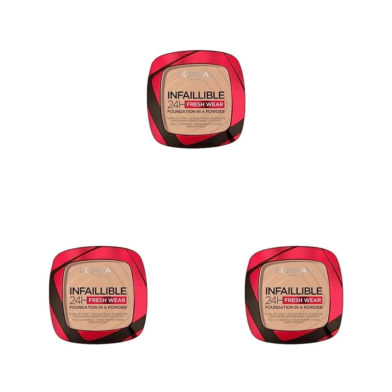 L'Oréal Paris Infallible 24H Fresh Wear Foundation in a Powder, Full-coverage, Longwear, Weightless Smooth Finish, Water-proof and Transfer-proof, 120 Vanilla (Pack of 3)