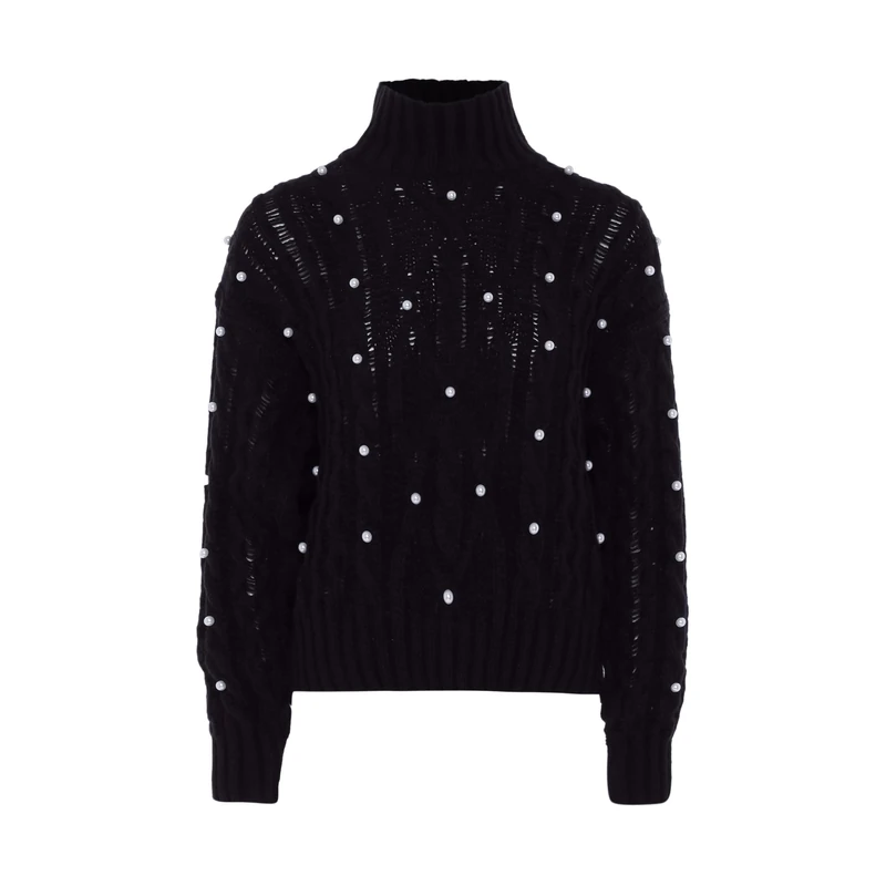 faina Women's Turtleneck Sweater with Long Sleeves and Pearl Embellishment Polyester Black Size Xs/S Pullover - Image 1